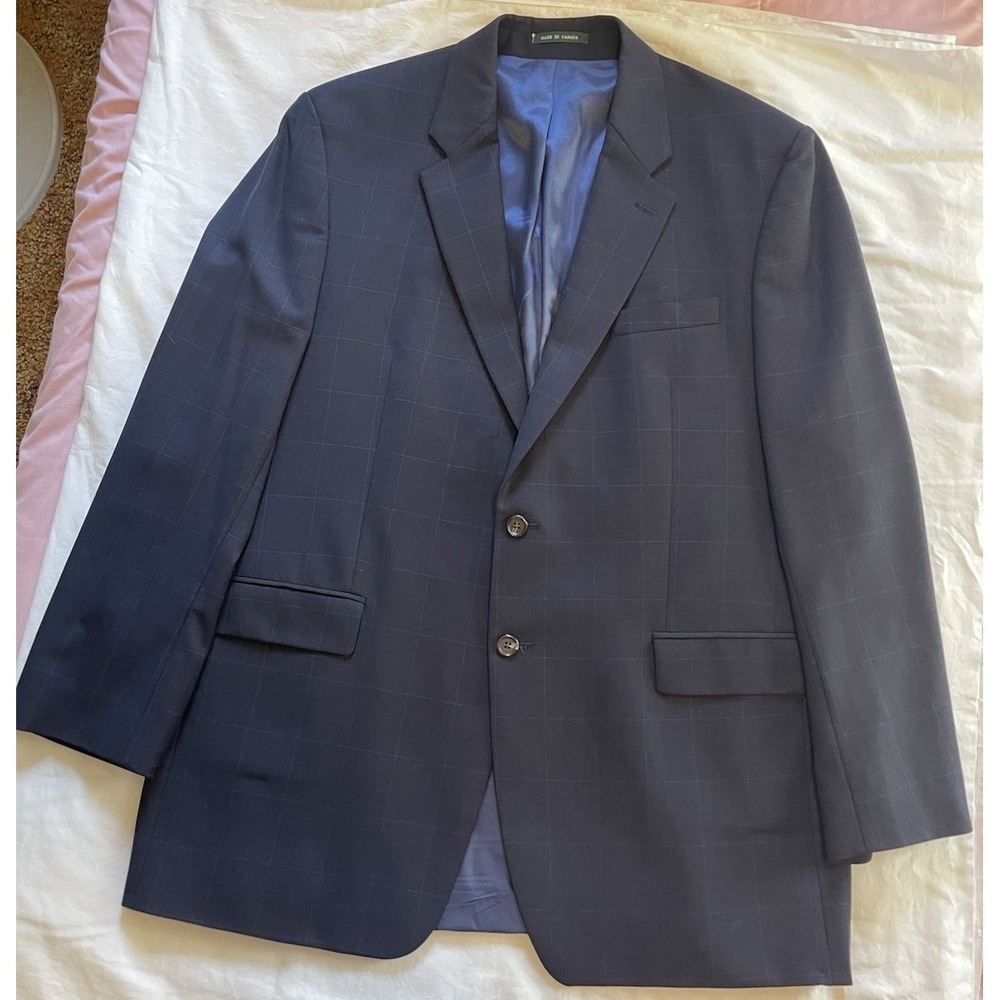 Lauren Ralph Lauren Mens 46L Navy Blue Windowpane 100% Wool Blazer Sport Coat